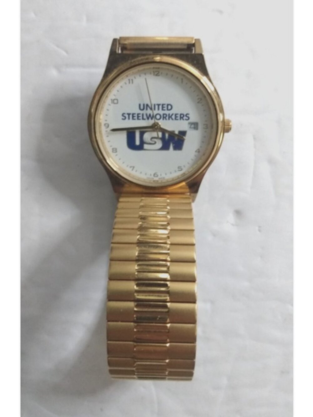 American Time United Steel Workers USW watch Gold Tone Stretch Band Union Made